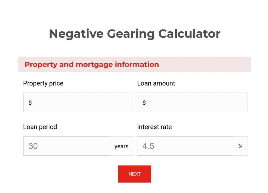 negative gearing calculator screenshot from pherrus financial services website