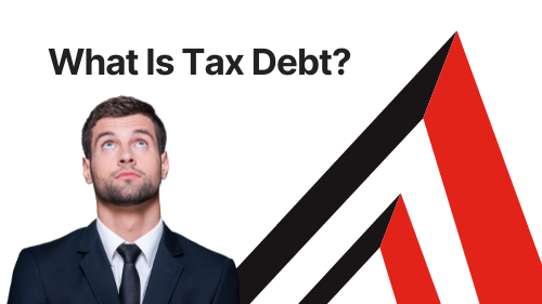 business man looking up at question what is tax debt